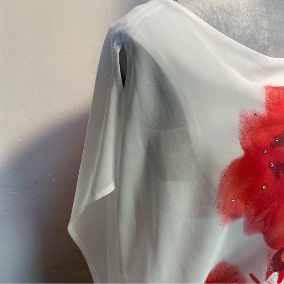 #0239 dressbarn White and Red Blouse Elegant Floral Design-S - Picture 4 of 6
